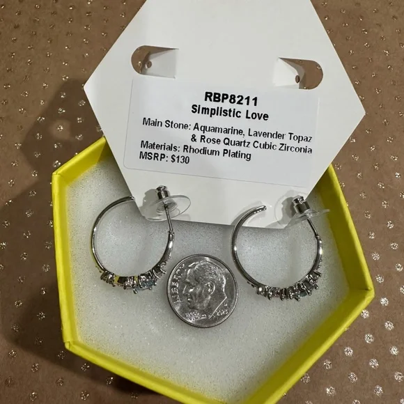 ✨ Bomb Party Rhodium-Plated Sparkle Hoop Earrings – Aquamarine, Lavender Topaz & - Picture 4 of 4